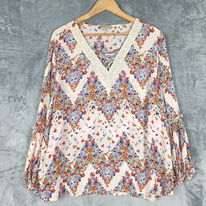Womens Top XL Boho Peasant Hippie Floral Garden Bloomcore‎ Gauze Crochet Lace